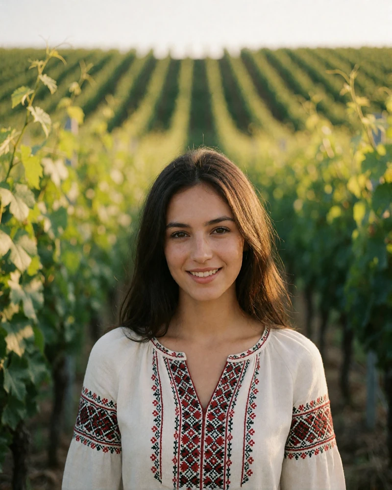 Romanian woman with long dark hair in a white embroidered blouse standing among vineyard rows, verified member portrait