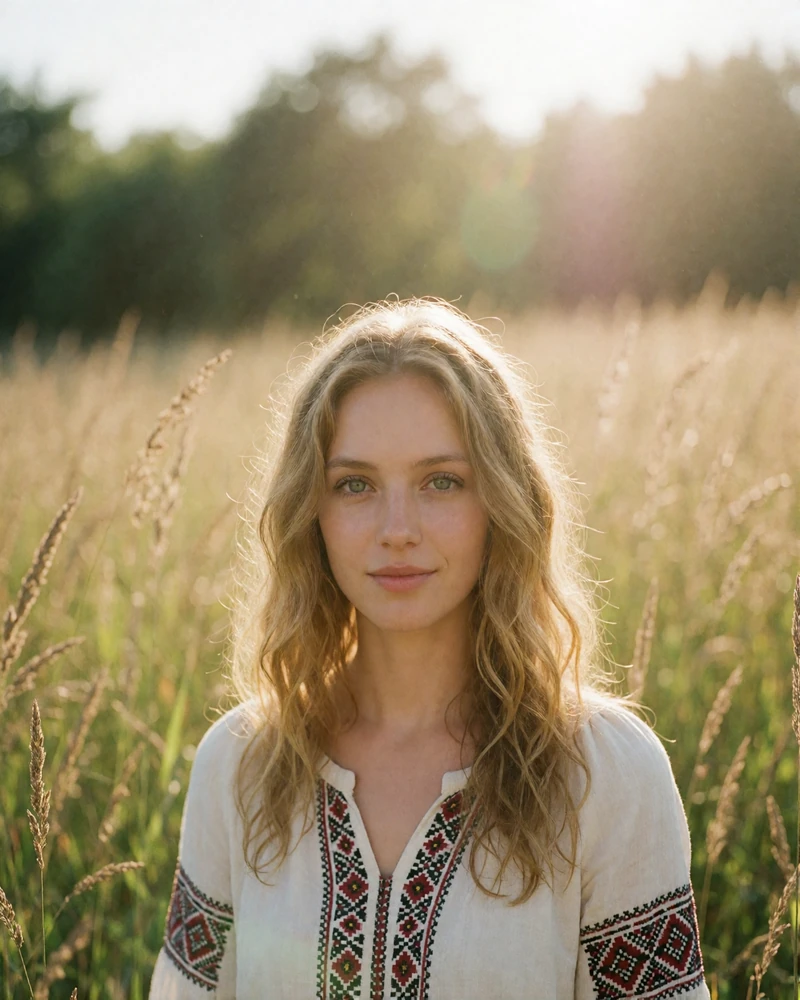 Ukrainian woman with wavy golden-blonde hair in a white embroidered summer blouse in a sunlit meadow, verified member portrait