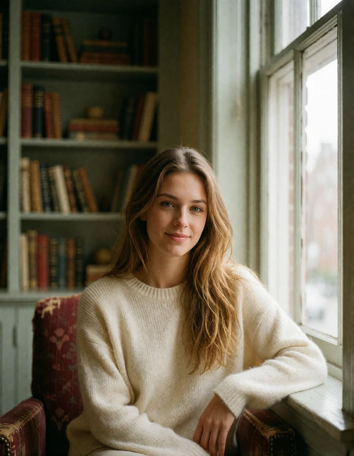 Belarusian woman with long light brown hair in an ivory sweater seated in a quiet reading room, verified member portrait