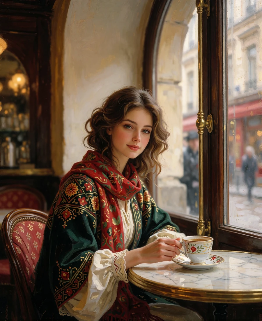 Young woman with chestnut hair smiling at a marble café table beside an arched window in a European café