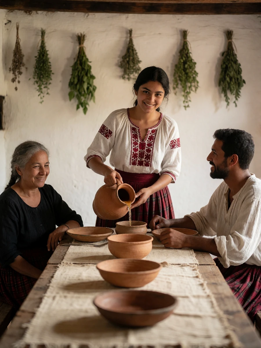 Bulgarian family gathered around a wooden table with a young woman in an embroidered blouse pouring from a clay jug