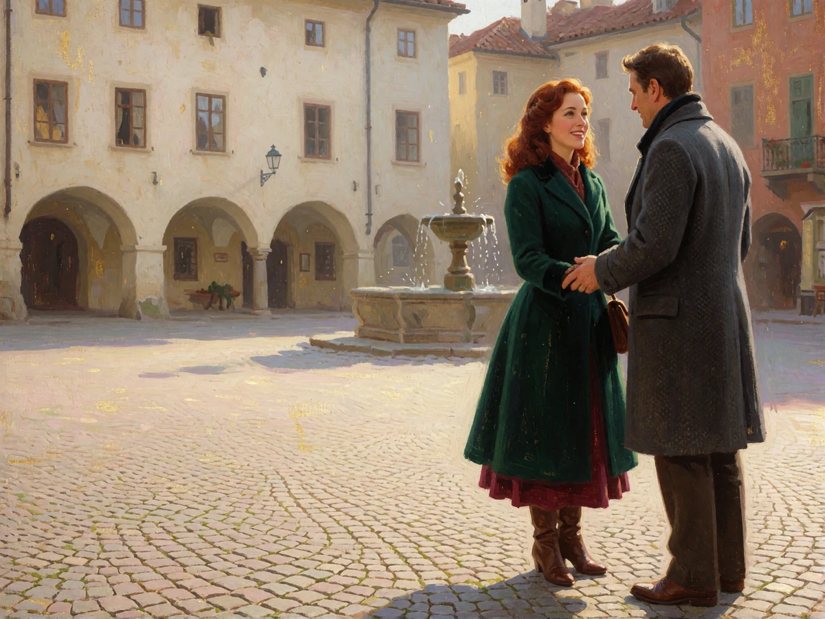 Couple greeting warmly with a handshake on a sunlit cobbled European square
