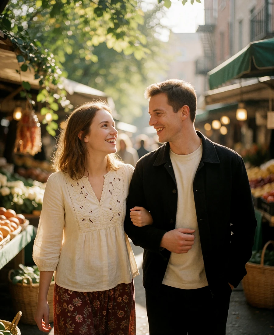 Woman in an embroidered ivory blouse walking arm in arm with a man through a sunlit open-air market lane, both laughing