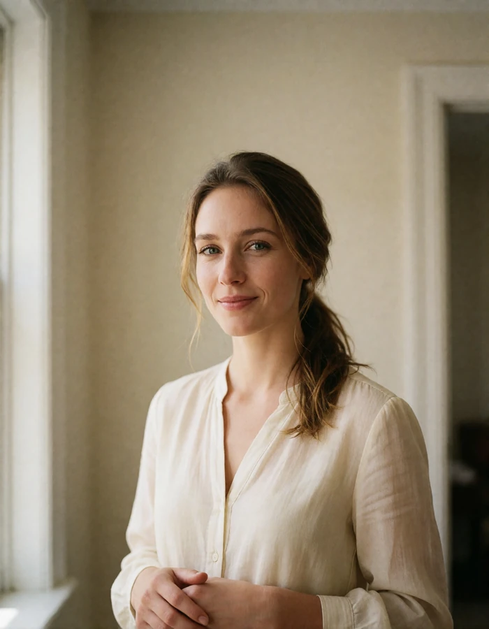 Moldovan woman with a low ponytail in a soft ivory blouse, verified profile portrait