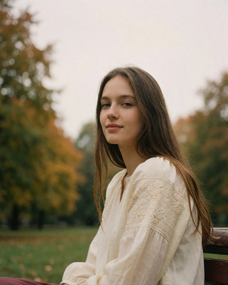 Ukrainian woman with long brown hair in a loose white embroidered blouse seated on a park bench, verified profile photo