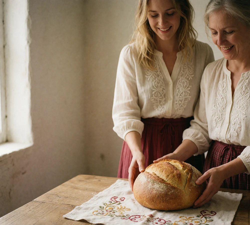 Belarusian mother and daughter placing a traditional karavai wedding bread on an embroidered tablecloth