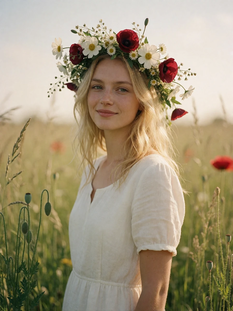 Polish bride wearing a fresh flower wreath in a sunlit meadow