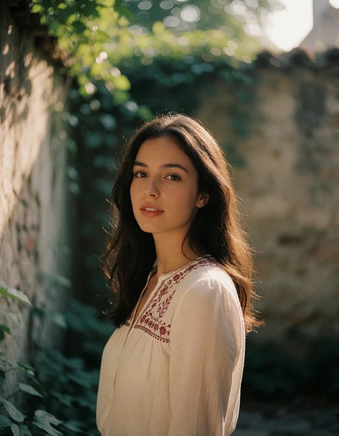 Dark-haired Slavic woman in a stone courtyard wearing an embroidered blouse, verified dating profile photo