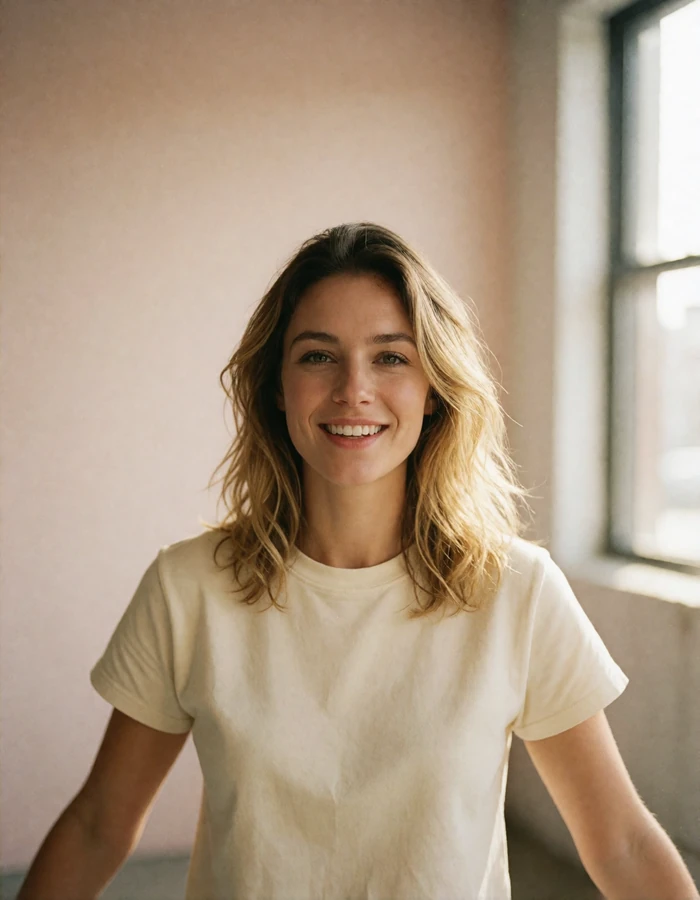 Belarusian woman with wavy dark blonde hair in a cream top in a sunlit studio, verified profile photo