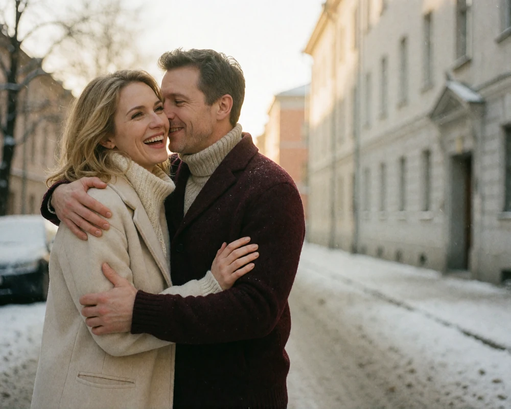 Couple laughing together on a snow-dusted city street, the woman in a cream wool coat