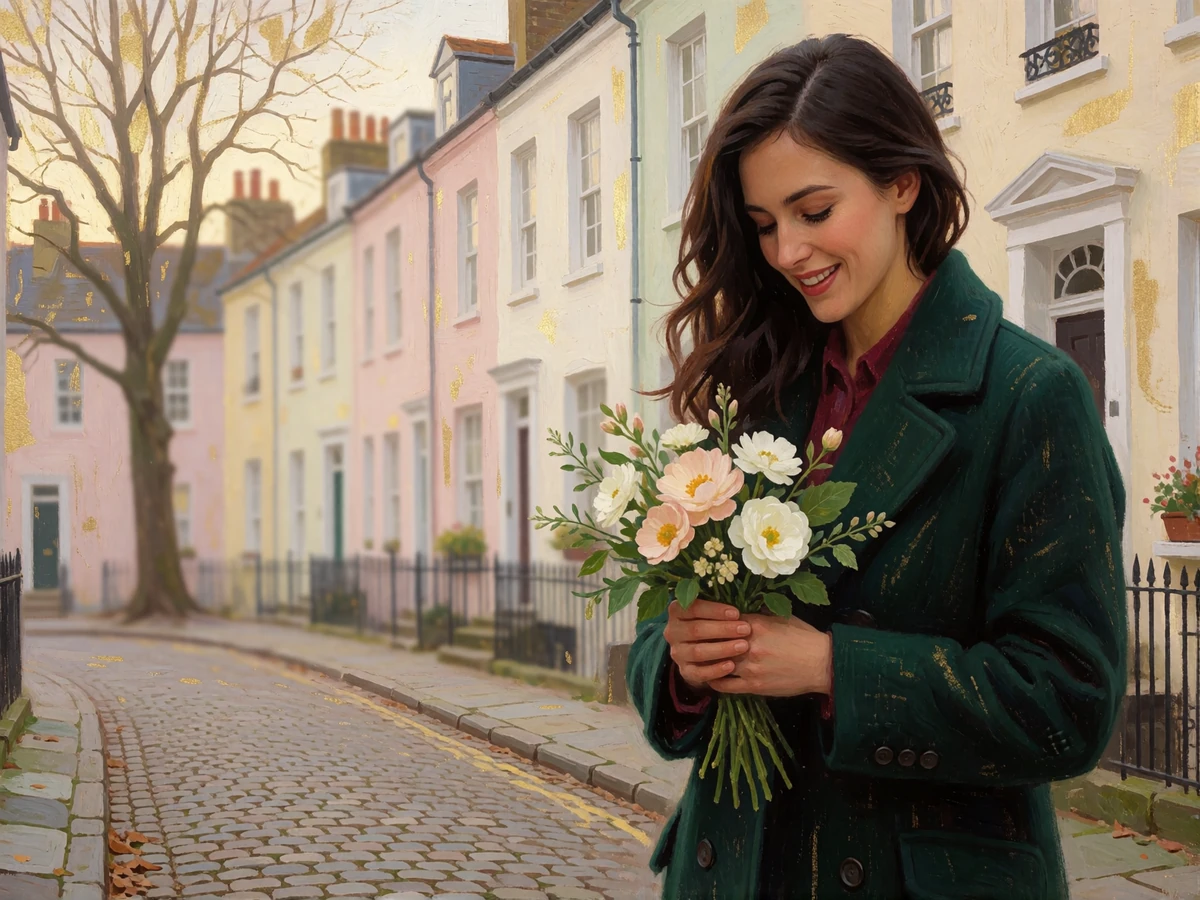 Woman in a deep green coat smiling as she receives a small bouquet of white and blush flowers on a cobbled street