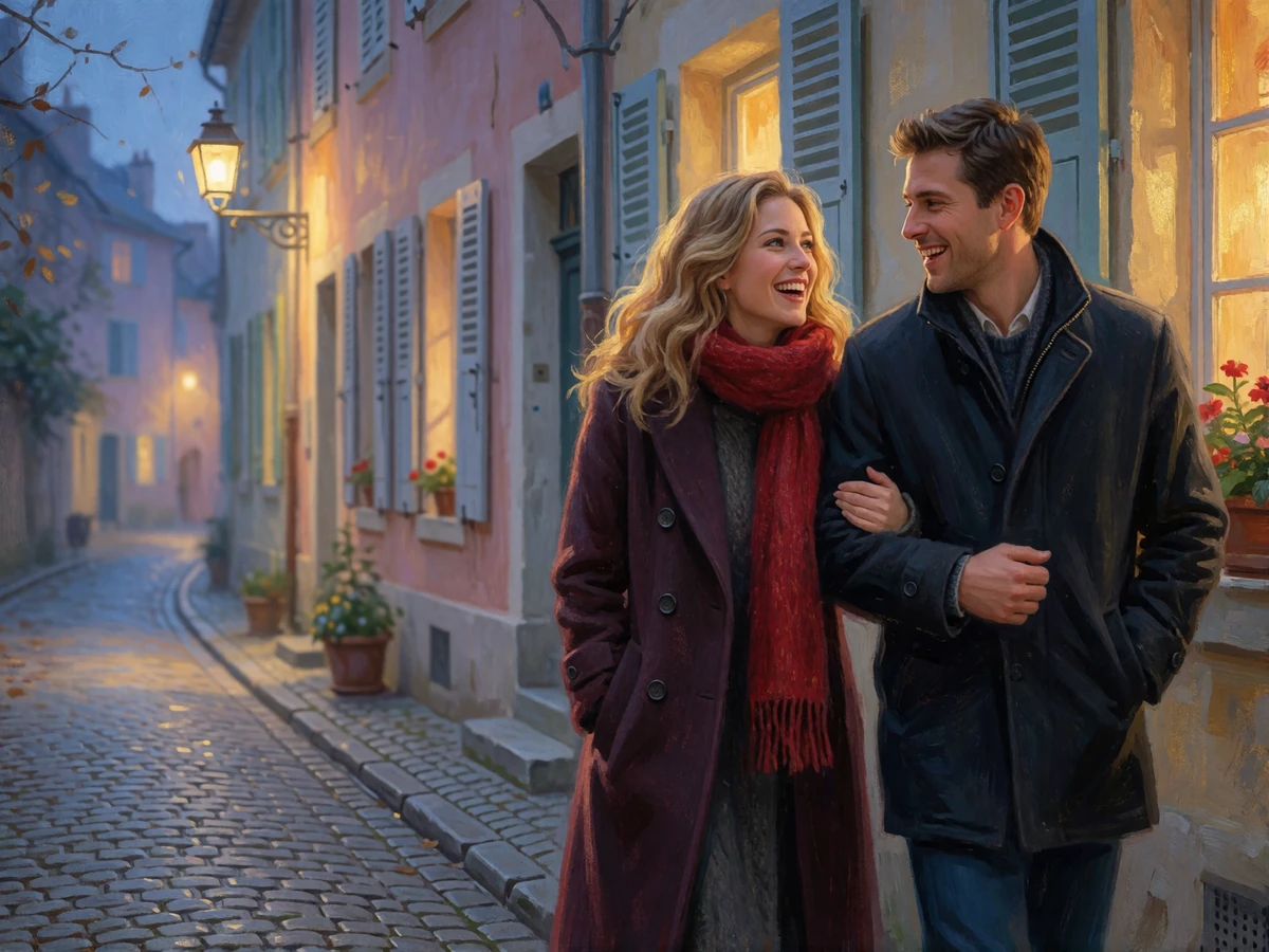 Couple with linked arms walking and laughing along a quiet cobbled European lane at dusk with warm lantern light