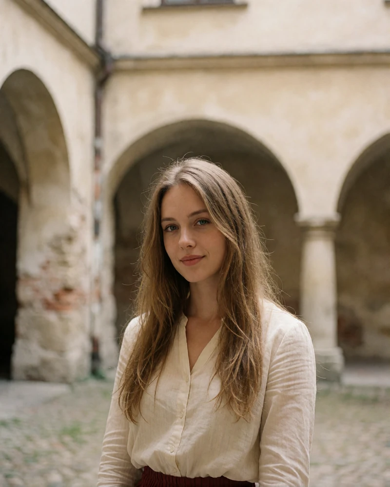 Polish woman with ash-blonde hair smiling in an old arcaded courtyard, verified member portrait
