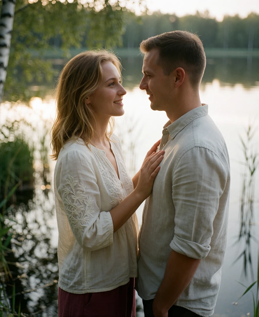 Couple standing close together at the edge of a still lake at golden hour, the woman in a white embroidered blouse