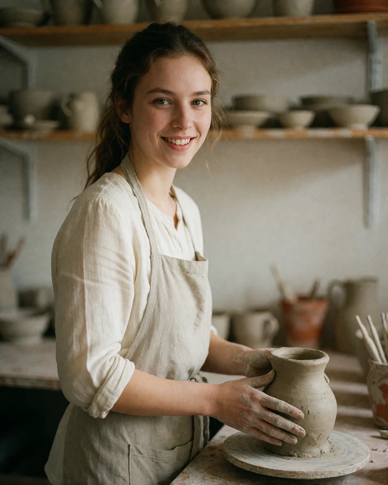 Polish woman with clay-dusted hands smiling in a pottery studio, verified profile photo