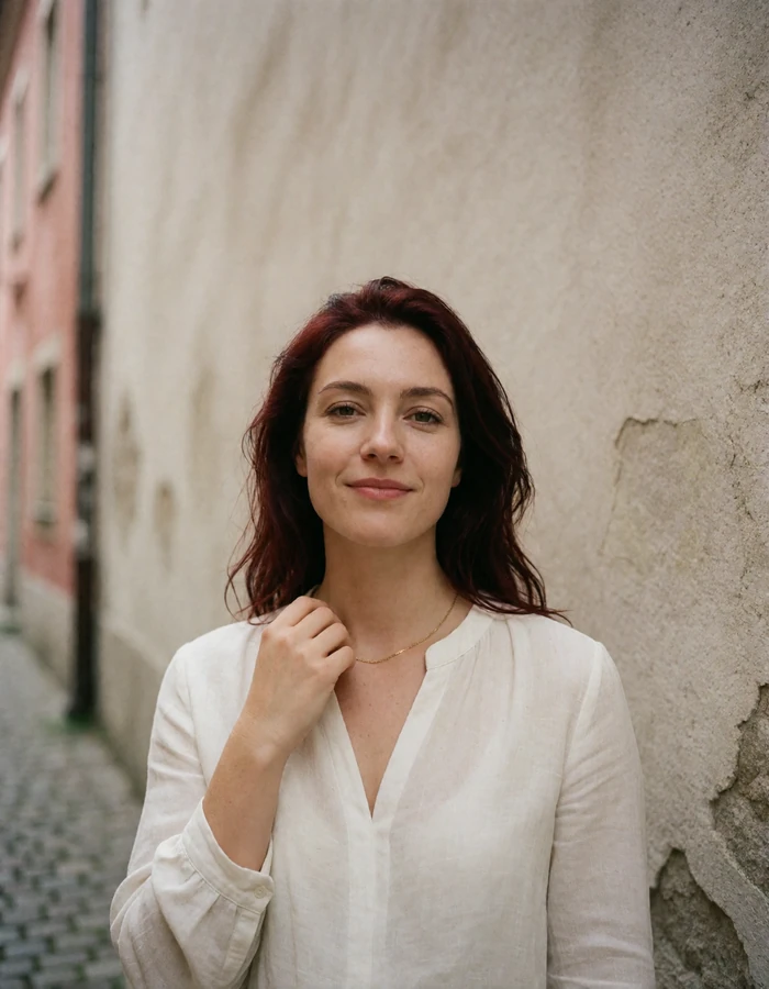 Czech woman with dark auburn hair against a pale European street wall, verified profile photo from Brno