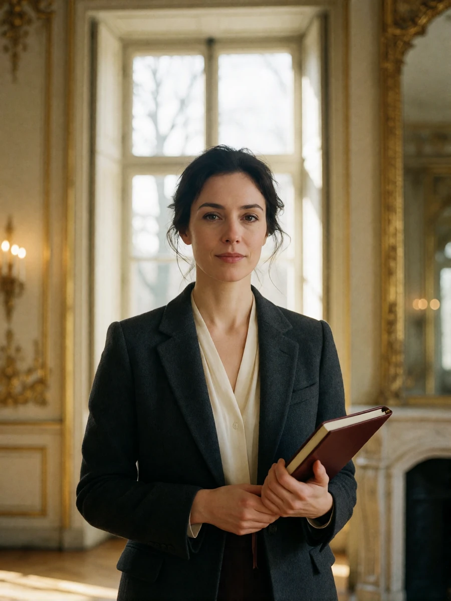 Confident Hungarian woman in a charcoal blazer holding a notebook in a bright classical interior
