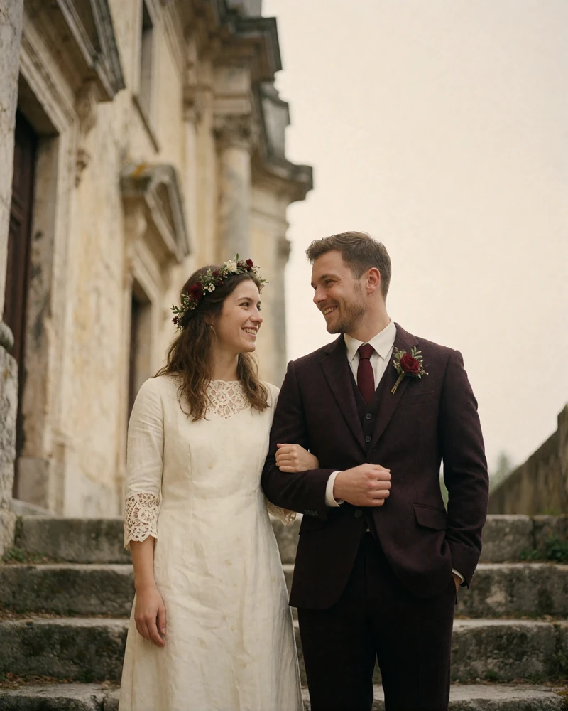 Newly married couple smiling together on old stone church steps