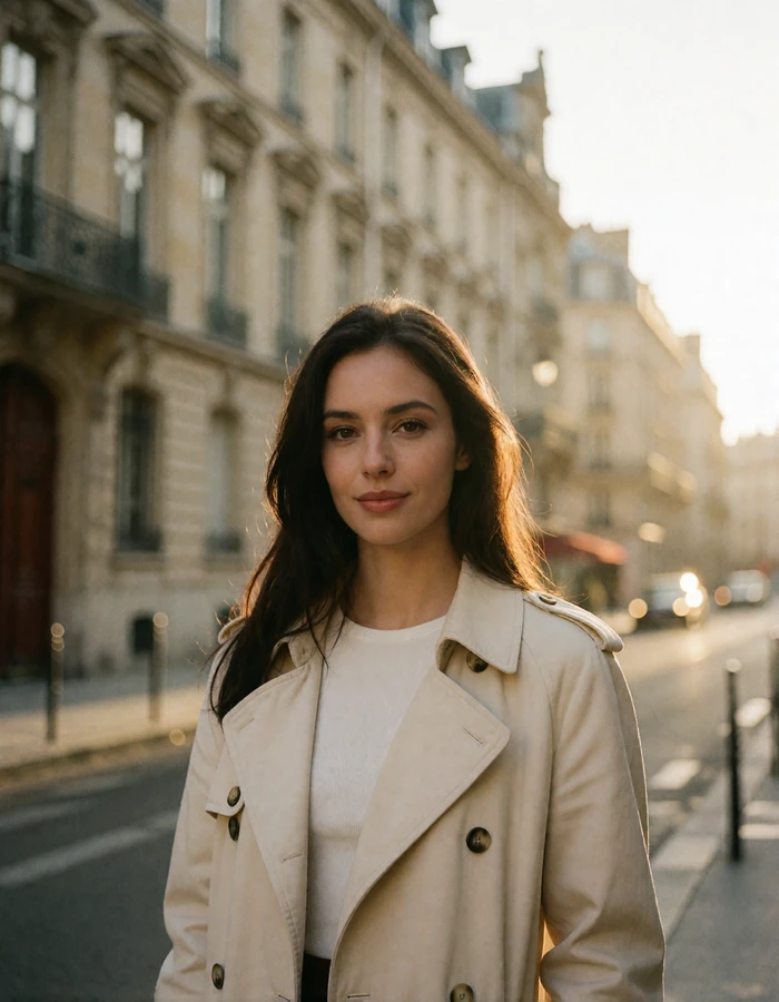 Hungarian woman in a cream trench coat on a quiet Budapest street, verified member portrait