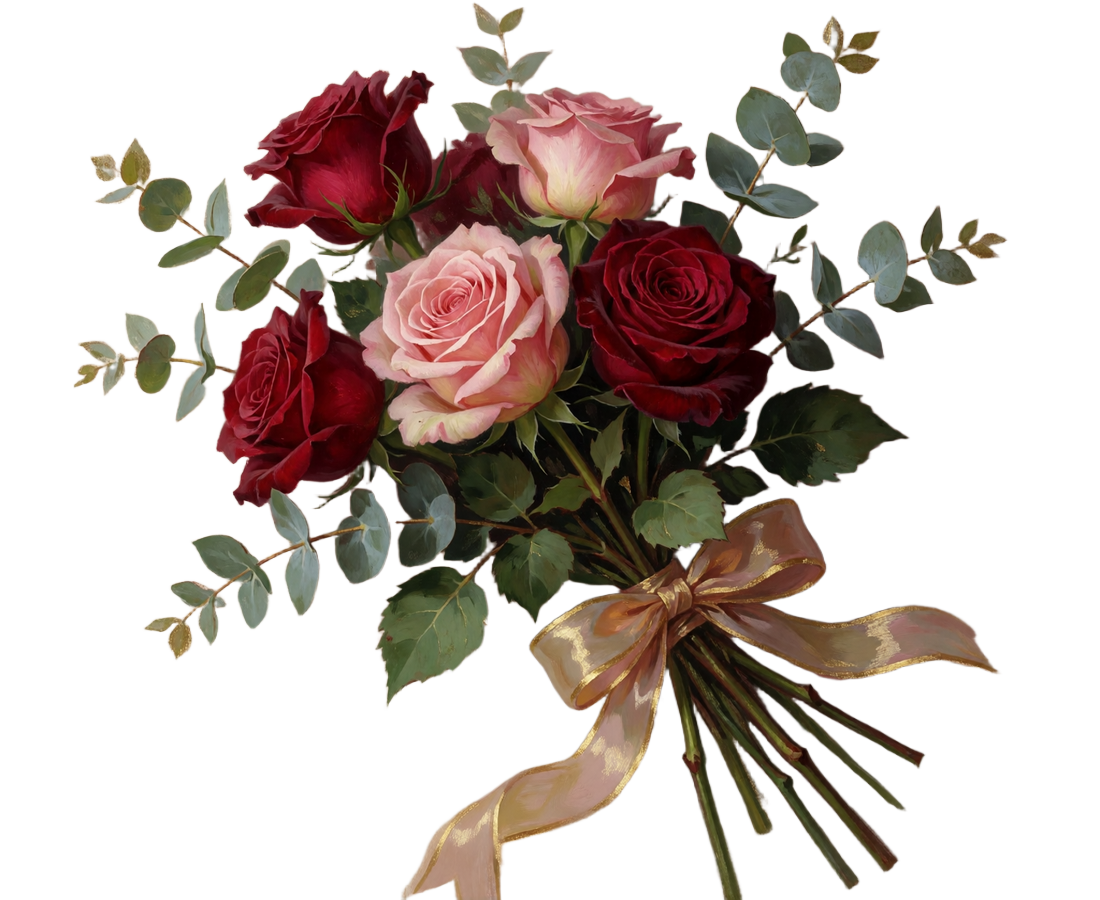 Hand-tied bouquet of five crimson and blush roses with eucalyptus, illustrating the Slavic odd-number flower tradition
