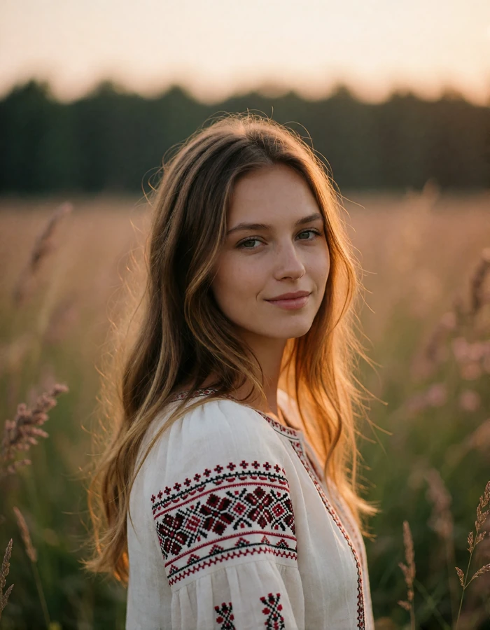 Honey-blonde Slavic woman in a folk embroidered blouse in an evening meadow, verified member portrait