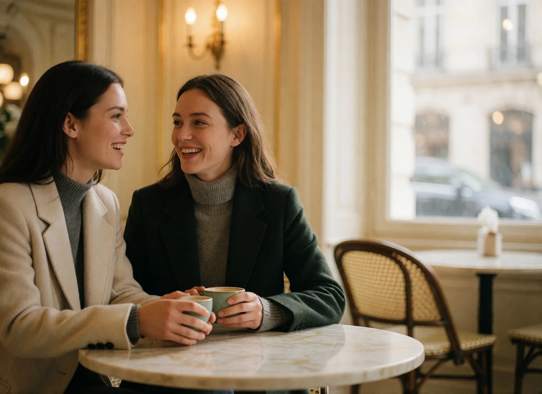 Two women sharing a warm conversation over coffee at a marble table in a European cafe
