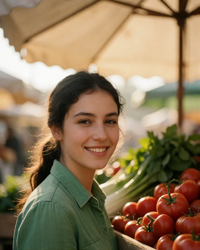 Bulgarian woman with dark hair tied back in a green shirt smiling at a morning market stand, verified member portrait