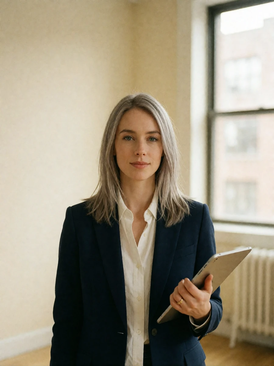 Belarusian professional woman in a navy blazer holding a tablet in a bright modern office studio