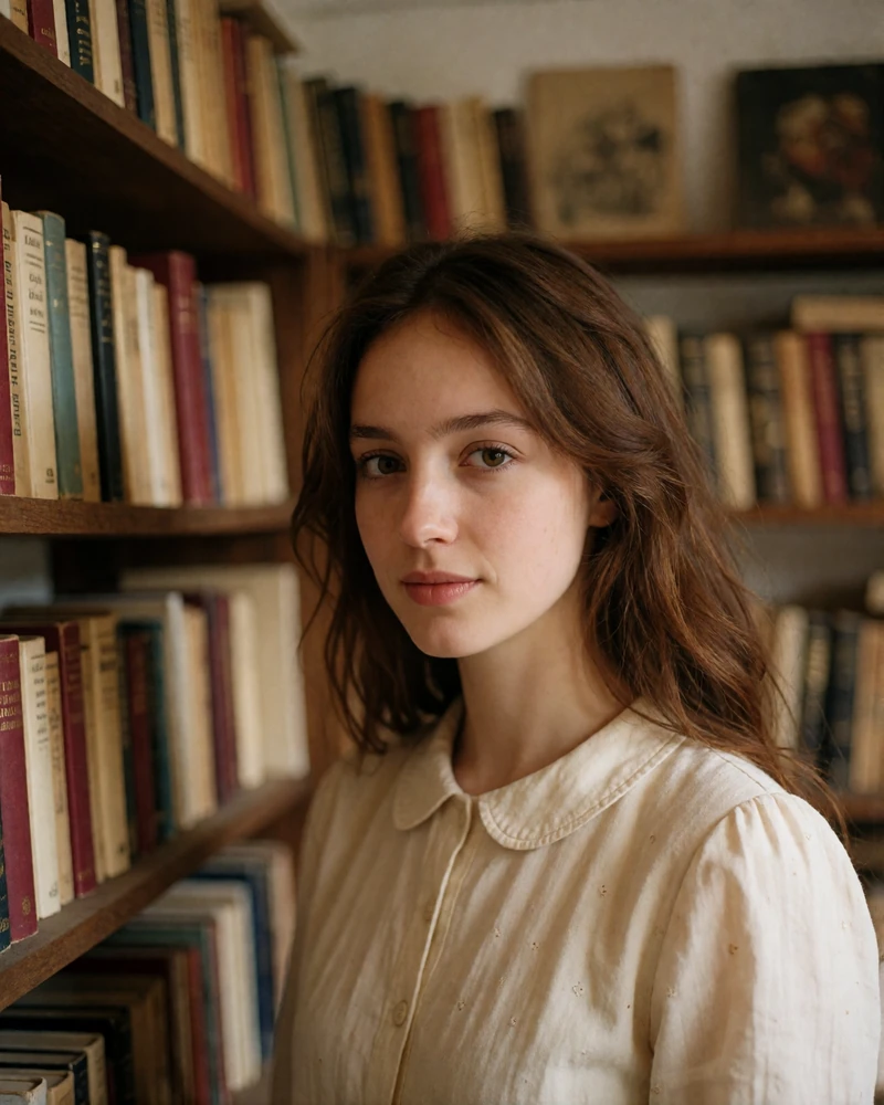 Romanian woman with chestnut hair in a cream blouse standing in a small bookshop corner, verified profile photo