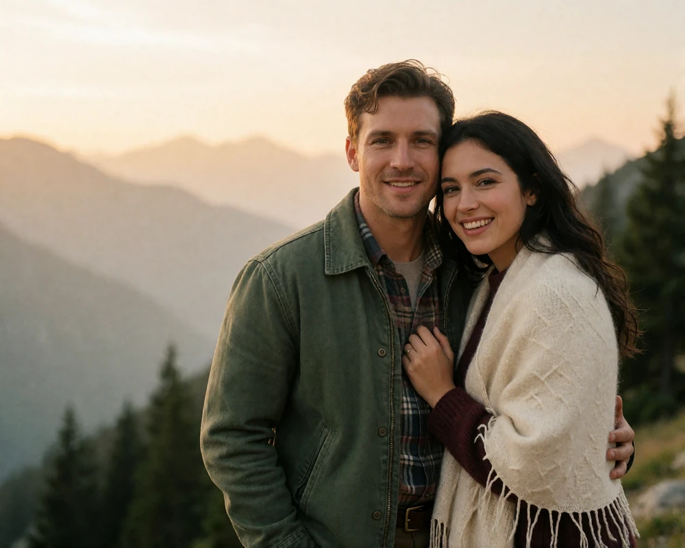 Couple standing at a mountain overlook at dusk, the woman wrapped in a cream shawl leaning into her partner