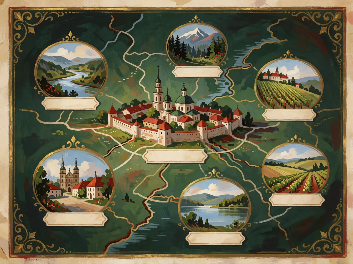 Decorative travel map of an Eastern European region with route lines linking old town, mountain, vineyard and lakeside scenes