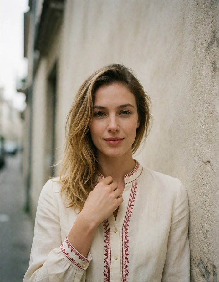 Belarusian woman with dark blonde hair swept aside wearing an embroidered-trim blouse, verified profile photo