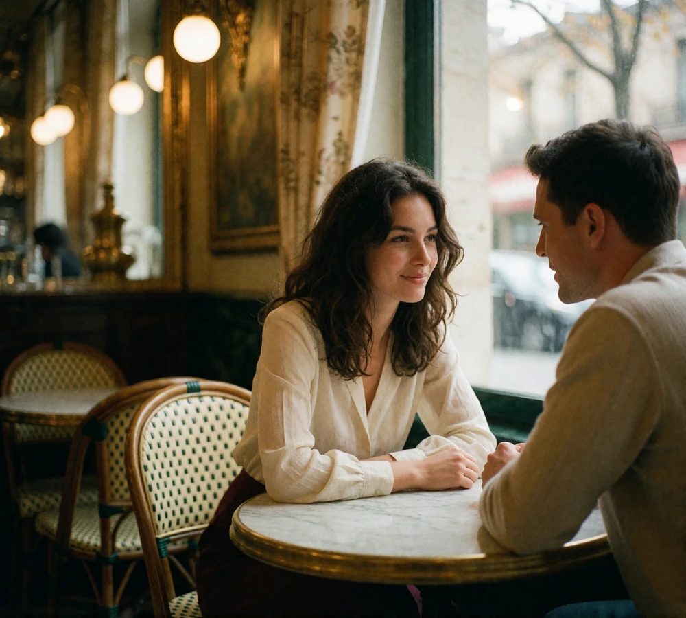Hungarian woman and man leaning in for conversation at a marble cafe table in a warm ornate interior