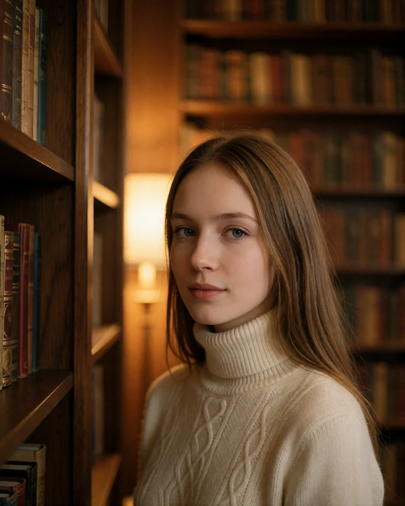 Russian woman in a cream turtleneck standing among library shelves, verified profile photo