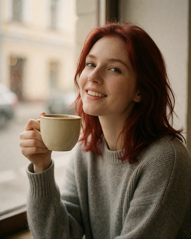 Russian woman in a grey sweater seated by a cafe window, verified profile photo