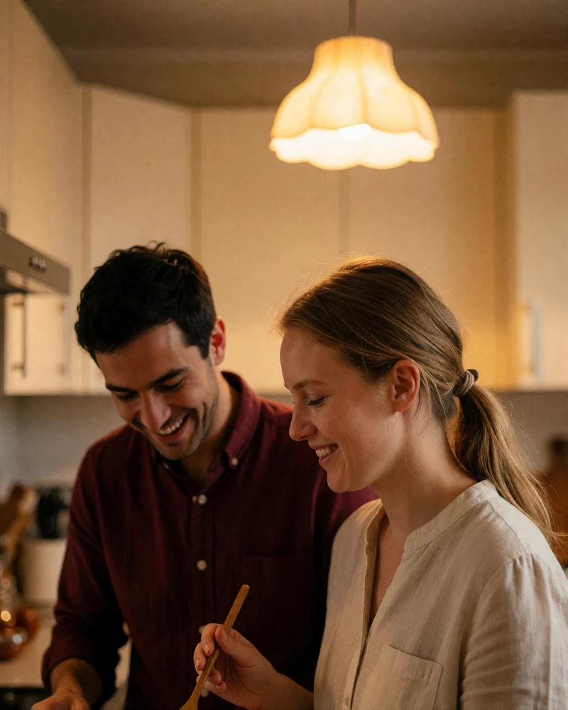 Couple cooking together in a warm apartment kitchen, laughing while preparing a meal