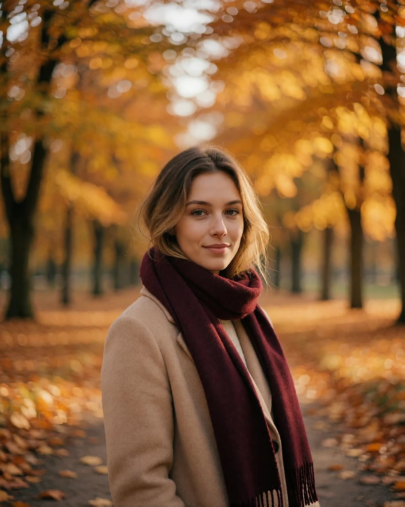 Polish woman in a burgundy scarf walking an autumn park path, verified member portrait