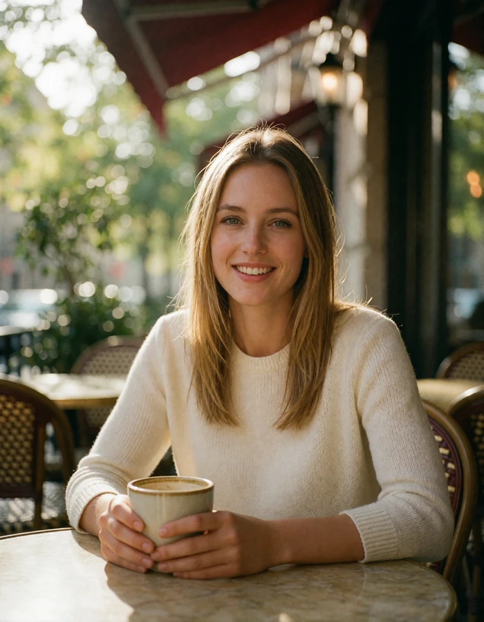 Cheerful Czech woman with honey-blonde hair seated at a cafe table, verified member portrait from Olomouc