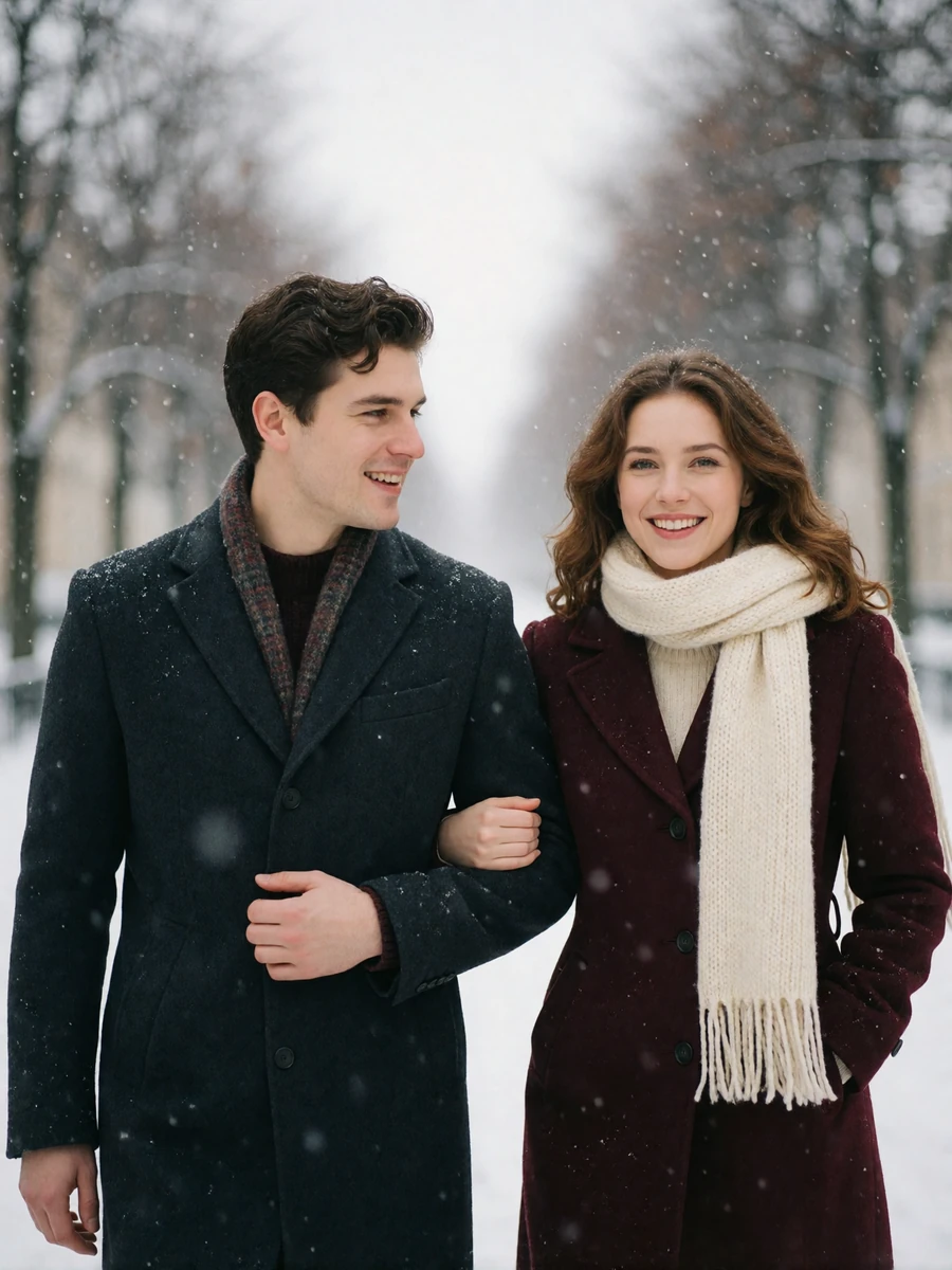 Couple walking arm in arm along a snow-dusted boulevard, the woman in a burgundy wool coat smiling toward the camera