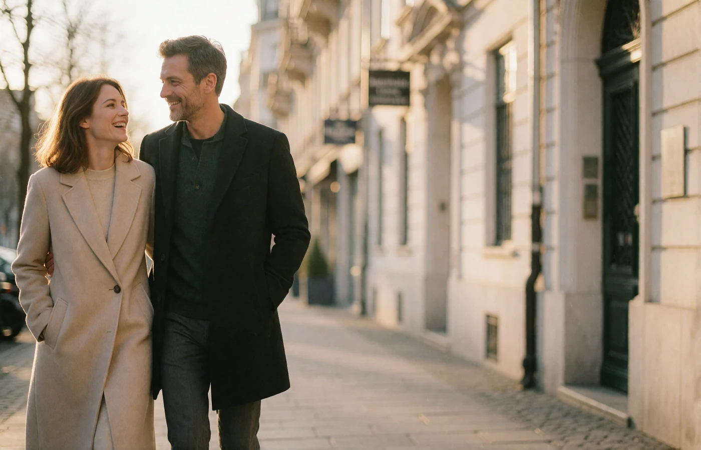 Anonymous couple laughing together while walking along a sunlit European boulevard