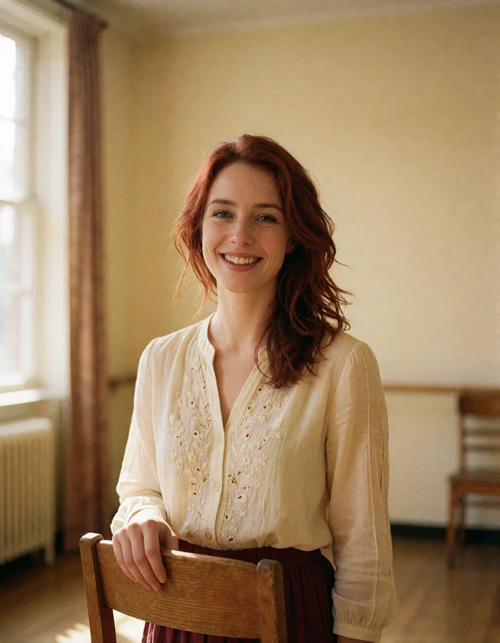 Hungarian woman with auburn hair in an ivory embroidered blouse in a sunlit rehearsal room, verified profile photo