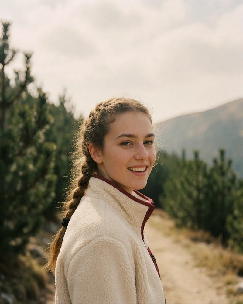 Bulgarian woman with a light braid in a cream fleece jacket hiking a mountain trail, verified profile photo