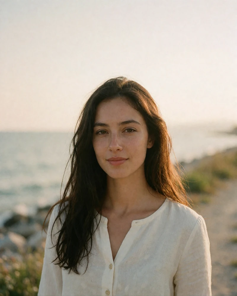 Bulgarian woman with long dark hair in a white linen top on a coastal path at sunset, verified member portrait