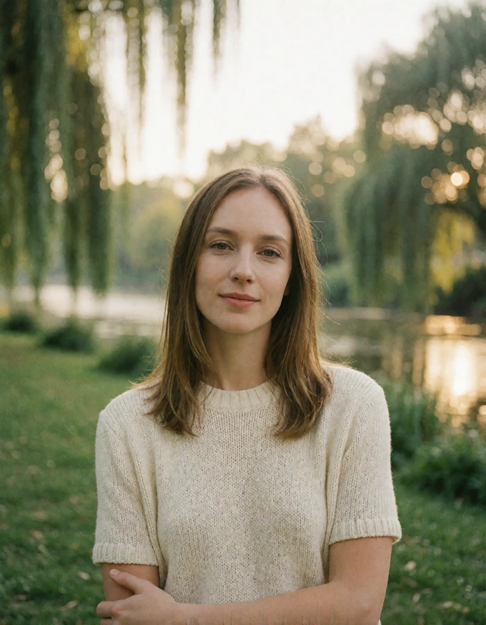 Hungarian woman with light brown hair in a cream knit top in a green riverside park, verified member portrait
