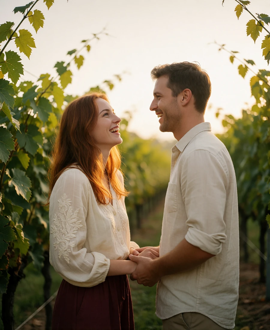Couple laughing together among sunlit vine rows in the countryside, holding hands
