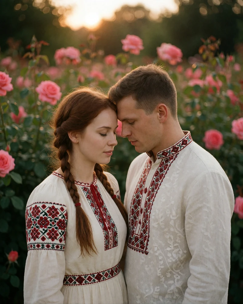 Couple in traditional embroidered dress standing close in a blooming rose garden at sunset