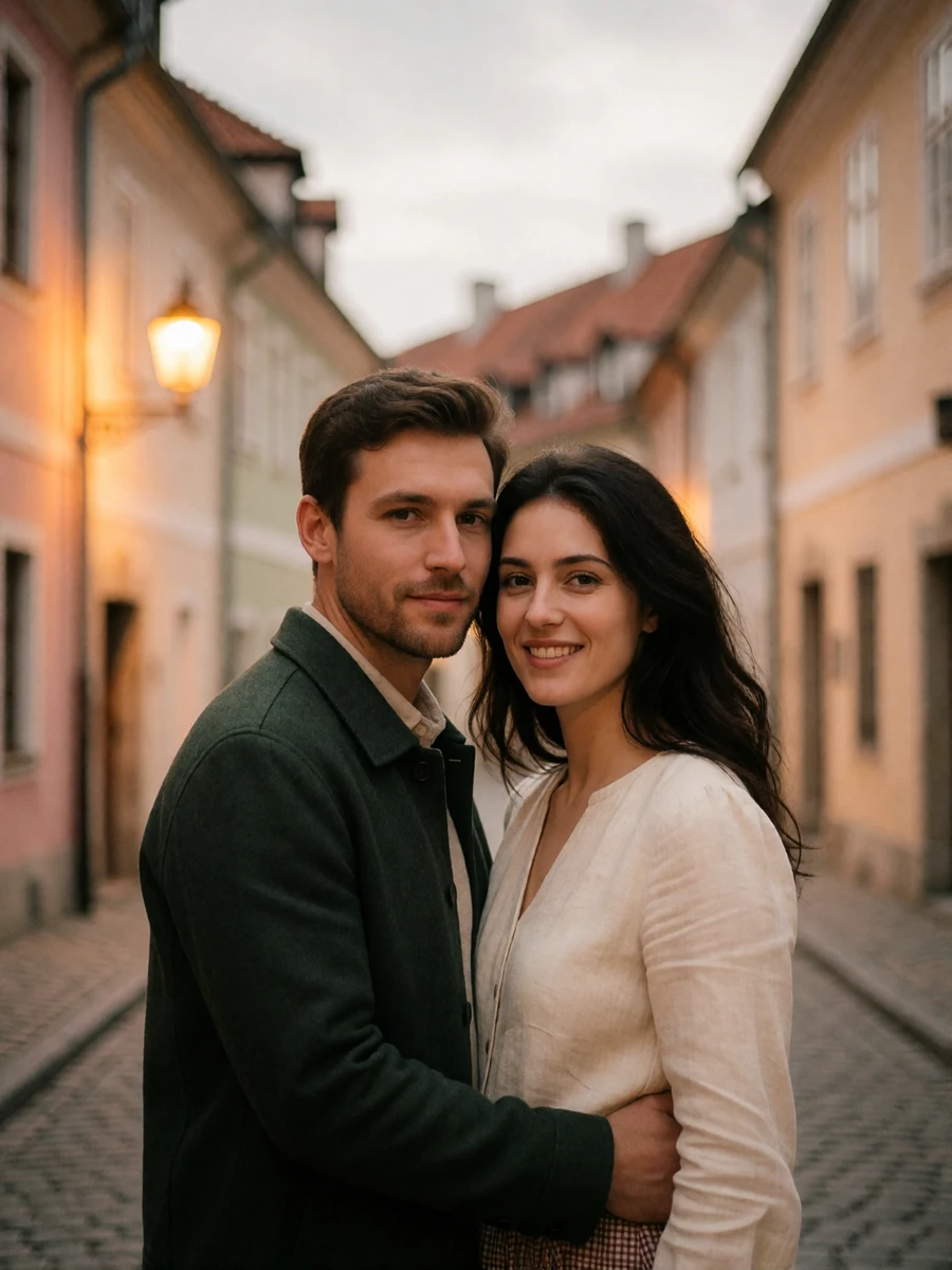 Couple standing close on a historic Romanian old-town street at dusk, the woman in a cream blouse smiling at the camera