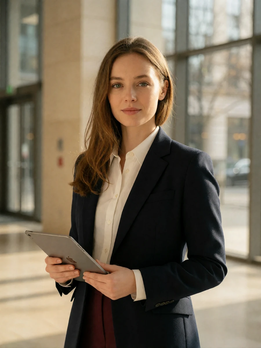 Ukrainian woman in a navy blazer holding a tablet in a bright modern office lobby