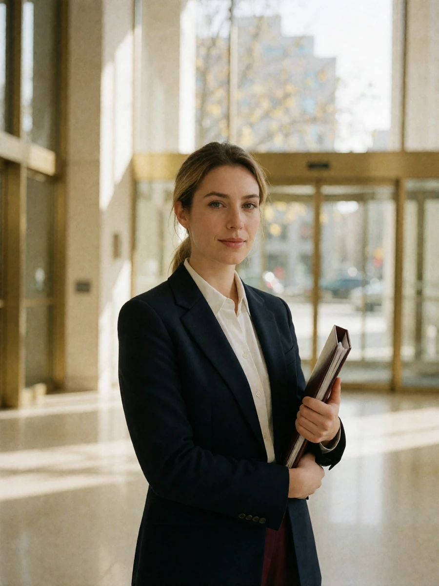 Poised Czech woman in a navy blazer holding a folder in a bright modern office lobby