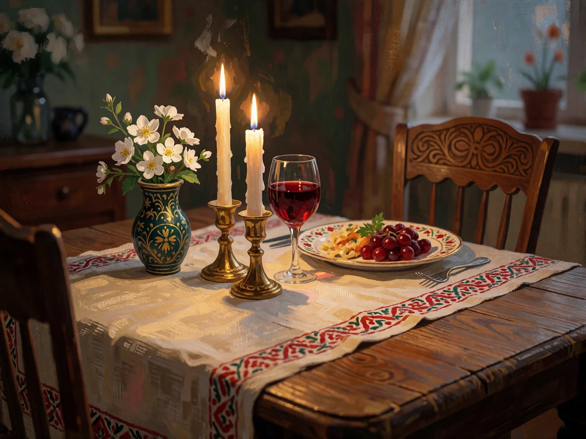 Candlelit table set for a virtual dinner date with wine, a plated meal and an empty chair opposite